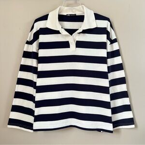 Zara Navy White Striped Long-Sleeve Cotton Rugby Preppy Polo Shirt Top SZ L